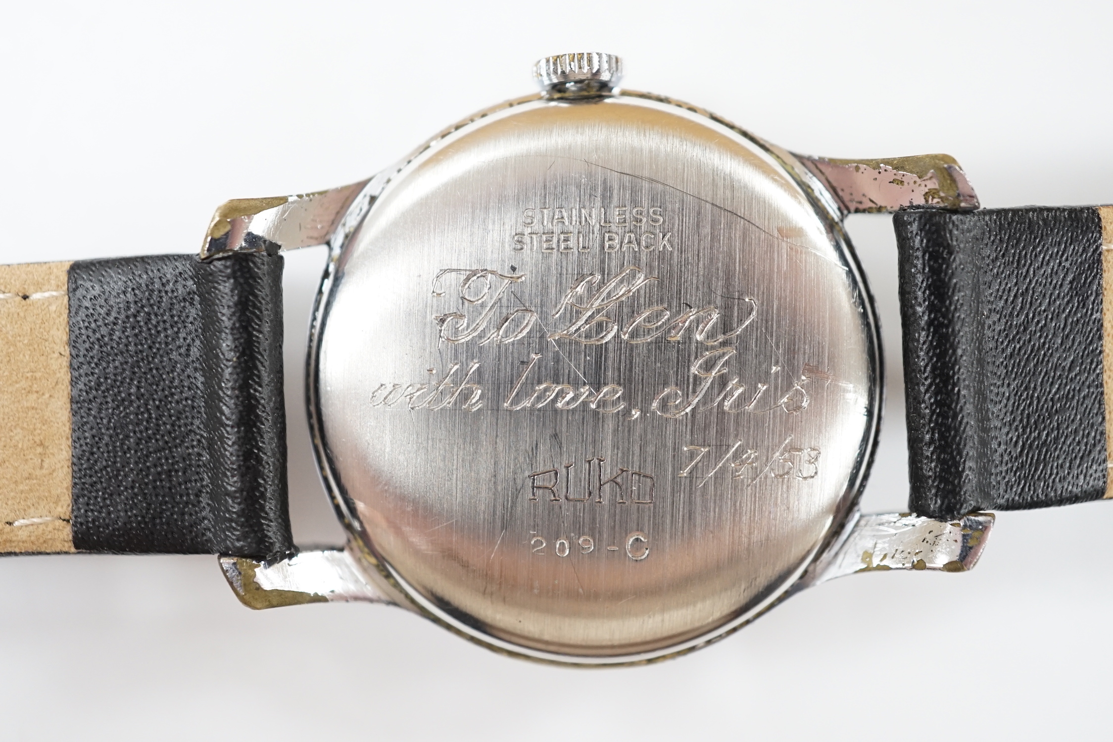 A gentleman's 1950's? stainless steel Galia calendar moonphase manual wind wrist watch, on an associated leather strap, case diameter 32mm.